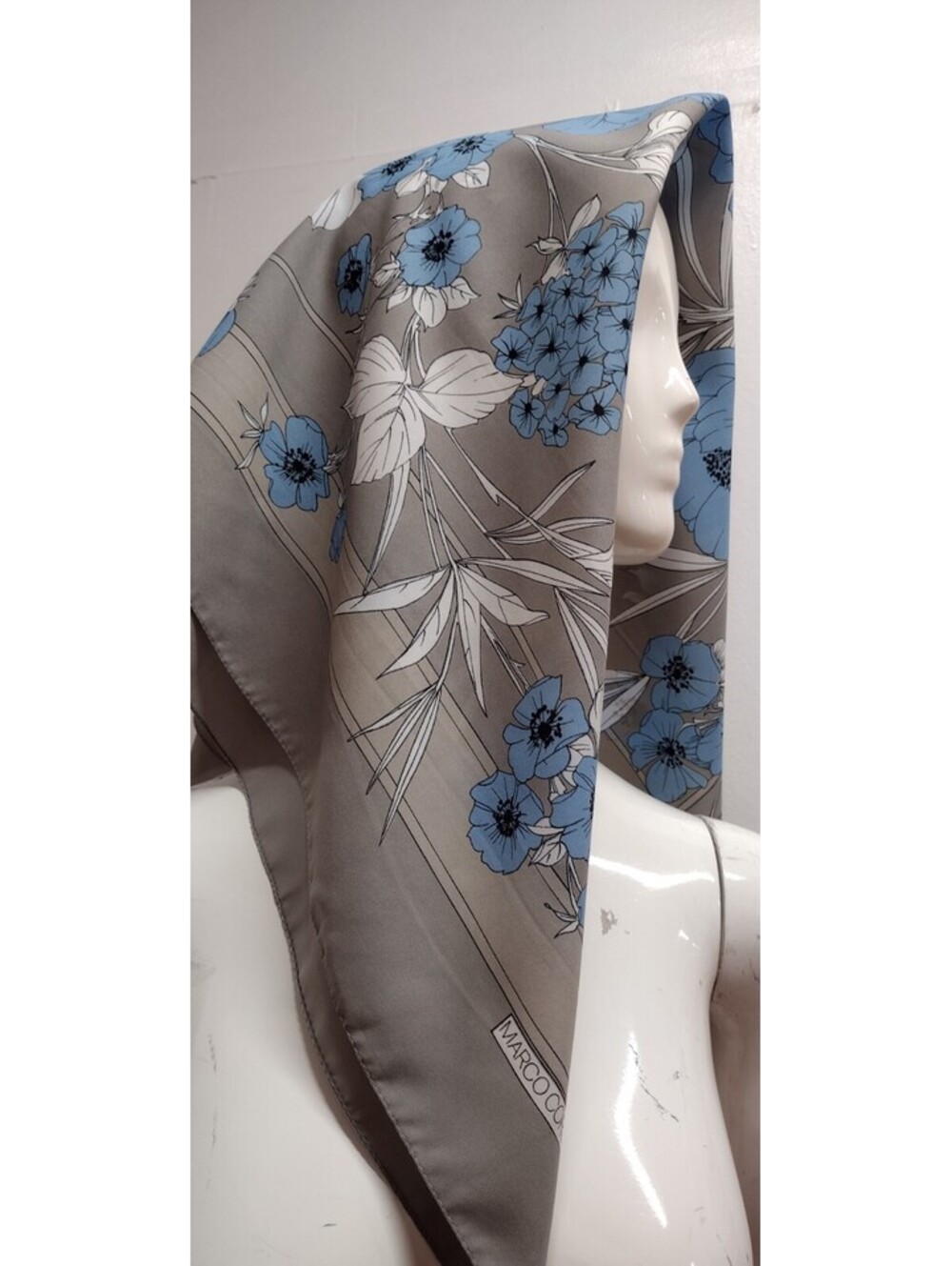 Vintage Marco Corsari Italian Scarf Gray White Baby Blue Floral Poly/Blend 30x30